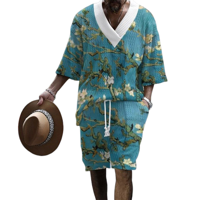 3D Printed Casual Knitted Shorts Men's Suit