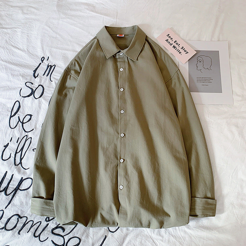 Casual Washed Cotton Hong Kong Style Shirt Loose Solid Color Long Sleeves