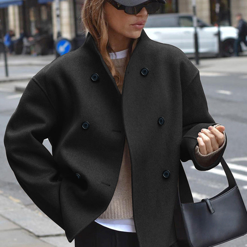 Vintage Brown Woolen Coat Women's V-neck