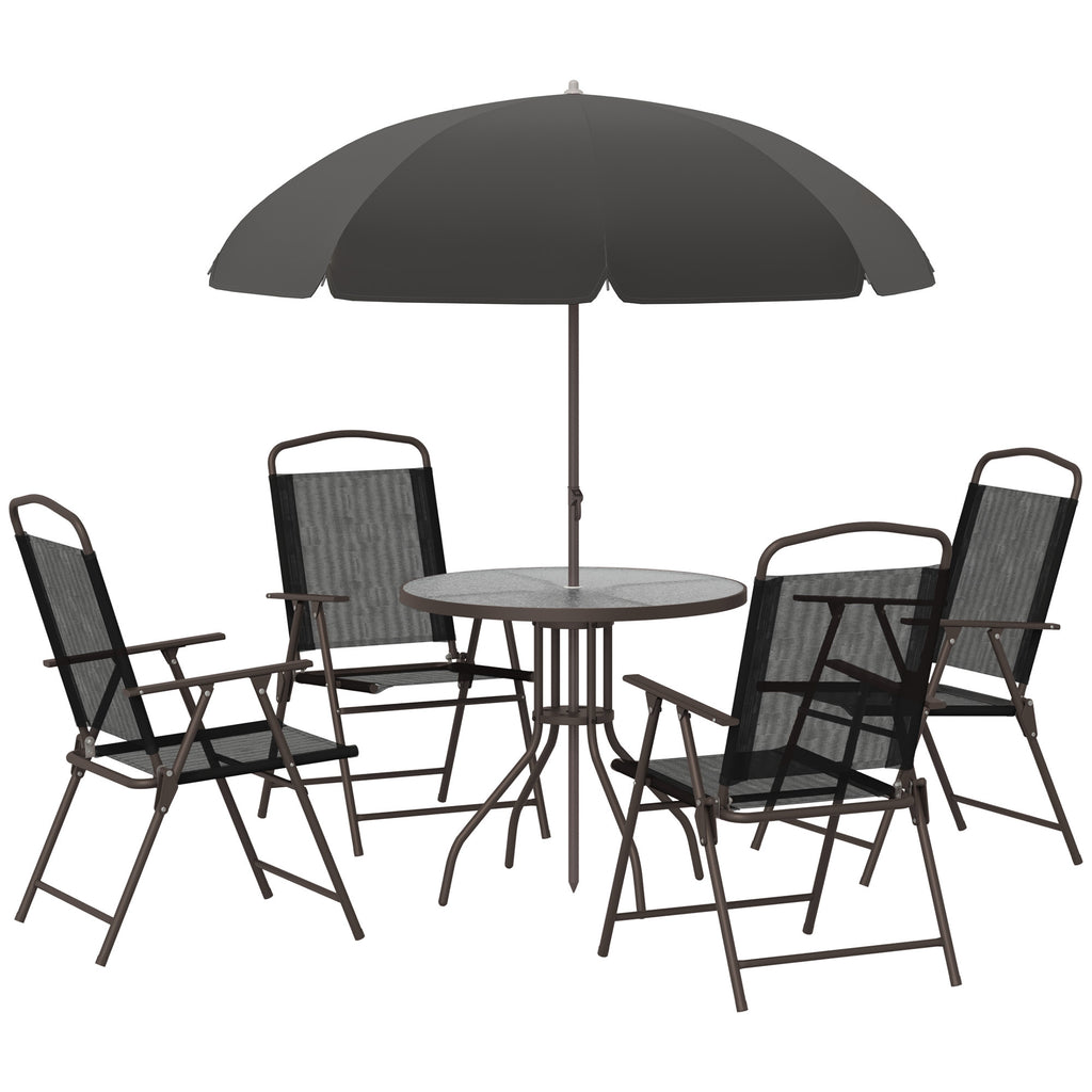 6 Piece Garden Dining Set With Umbrella, Patio Sets With Parasol With 4 Folding Dining Chairs & Round Tempered Glass Table, Black