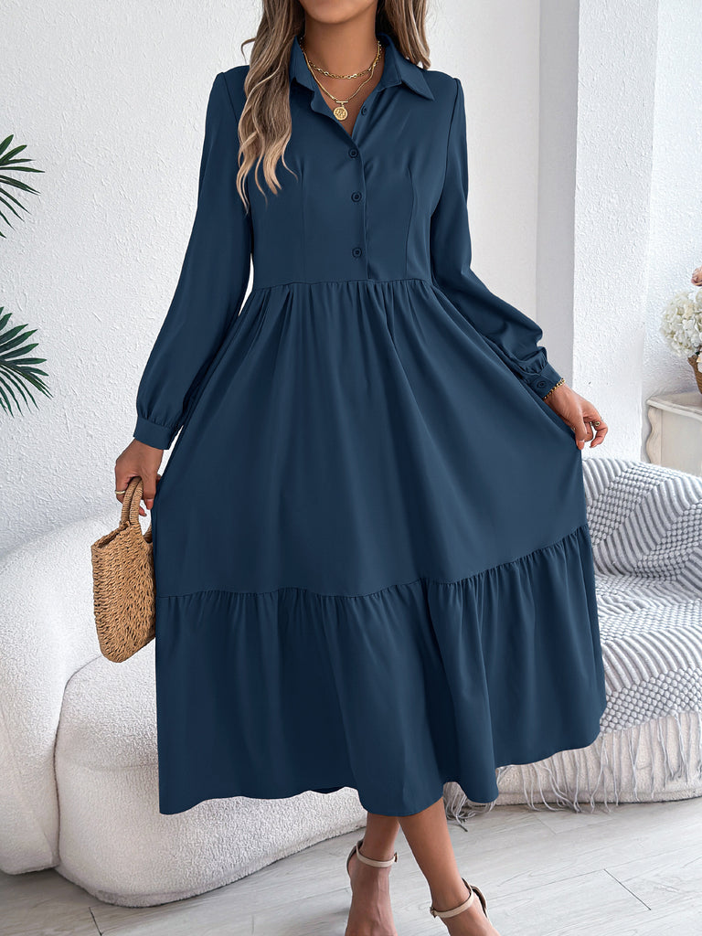Autumn And Winter Collar Casual Loose Long Sleeve Ruffled Shirt Dress