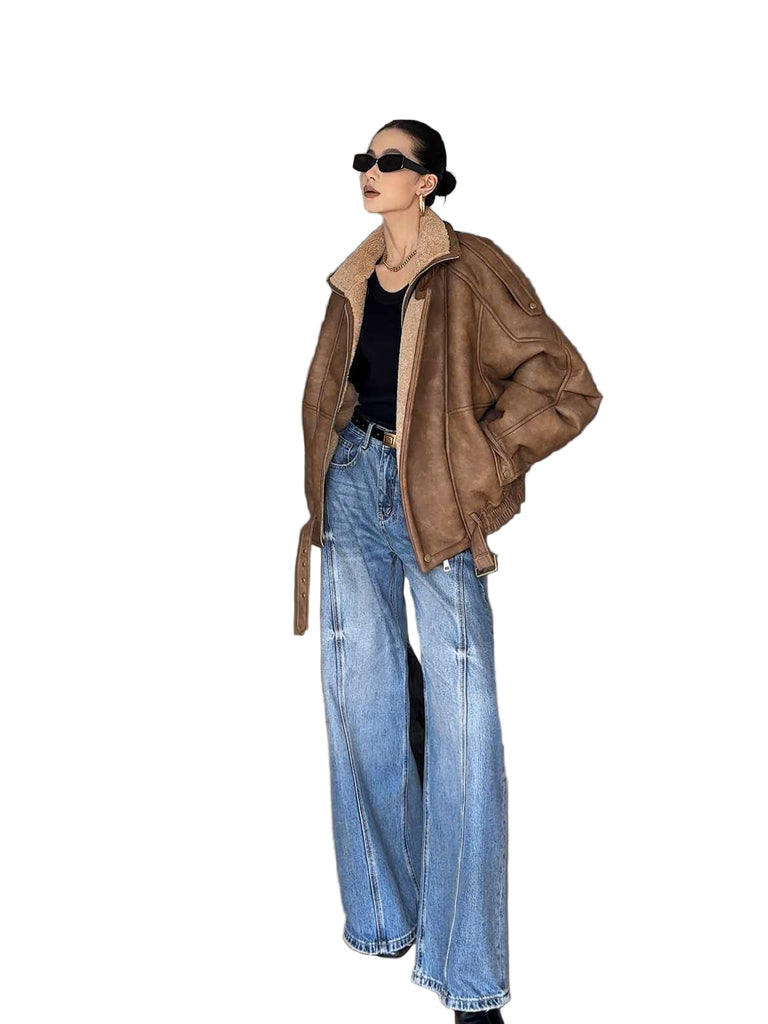 Retro Motorcycle Clothing Lapel With Velvet Thickened Fur Jacket
