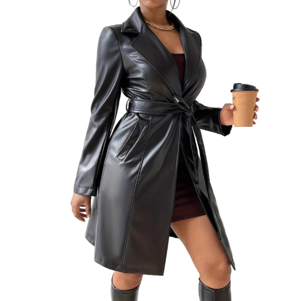 PU Long Sleeve Women's Slim Fit Long Trench Coat