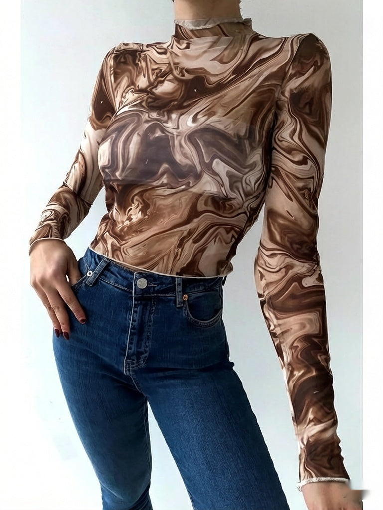Fashionable Printed Mock Neck Long-Sleeve Slim-Fit Sexy Mesh T-Shirt Top