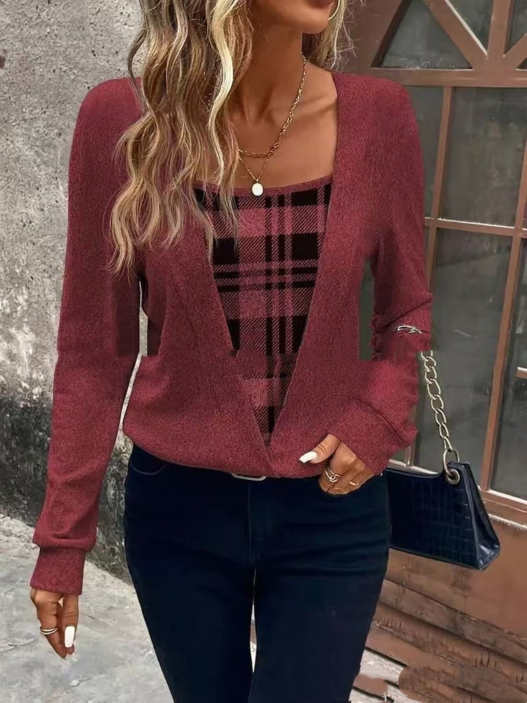 Plaid Printed Fake Two Pieces Fashionable And Comfortable Autumn And Winter Long Sleeves