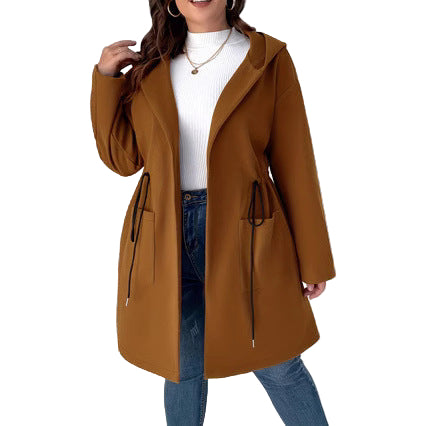 Solid Color Drawstring Pocket Elegant Coat