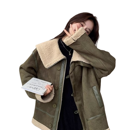 Women's Korean-style Retro Green Suede Lambswool Coat