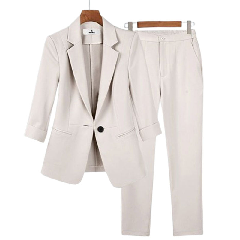 2pcs Casual Blazer Set Solid Color Lapel Single-breasted Jacket And Zipper Straight Pants Women's Office Business Suit