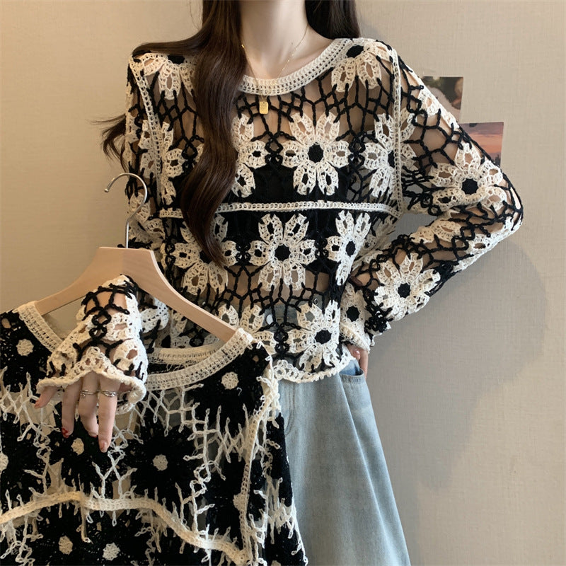 Hollow-out Crocheted Patchwork Colorful Flowers Long-sleeve Loose-fit