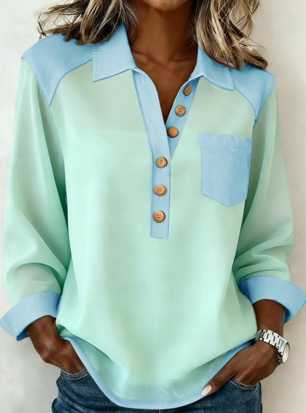 Denim Patchwork Collar Button-down Casual Long-sleeved Top