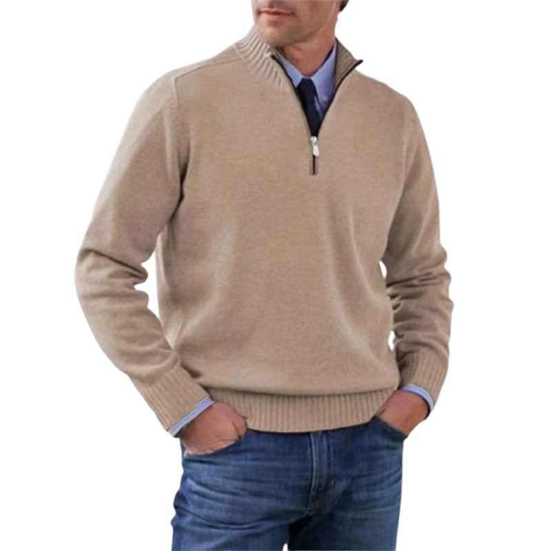 Men's Stand Collar Zipper Sweater Winter Fashion Solid Color Long Sleeve Knitted Top Clothing