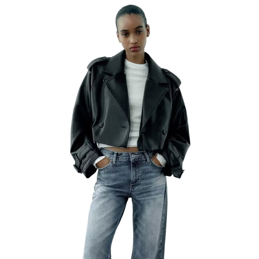 Autumn New European And American Leisure Imitation Leather Loose Short Trench Coat