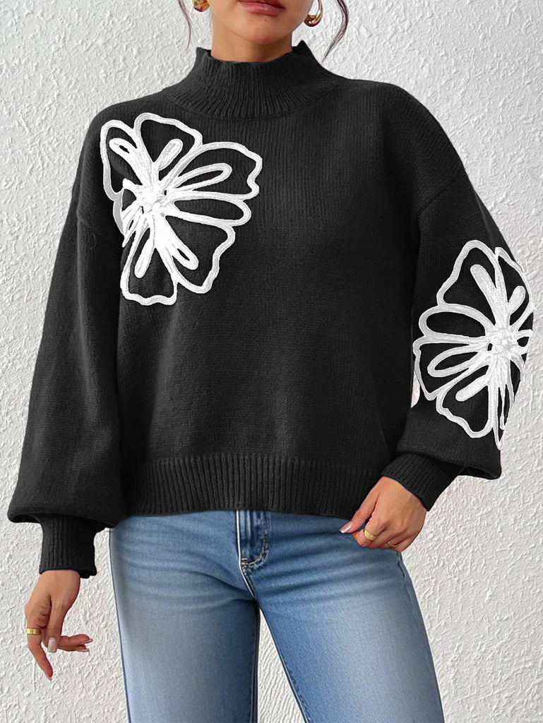 Women's Three-dimensional Ribbon Embroidery Flower Mock Neck Sweater