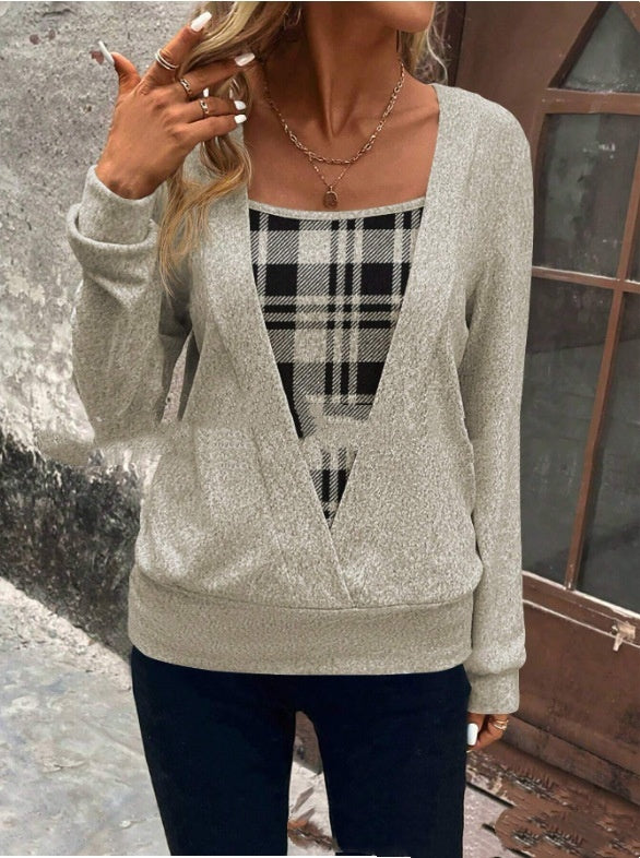 Plaid Printed Fake Two Pieces Fashionable And Comfortable Autumn And Winter Long Sleeves