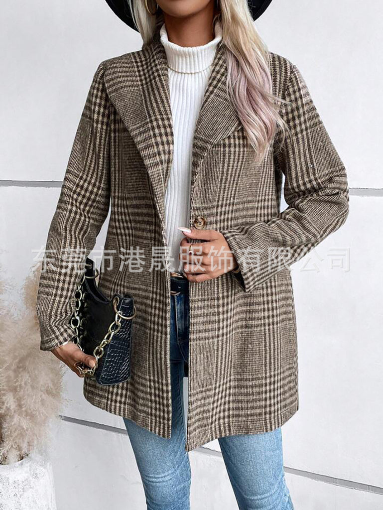Women's Slim-Fit Plaid Lapel Wool-Look Coat - Coalboyz product image 3