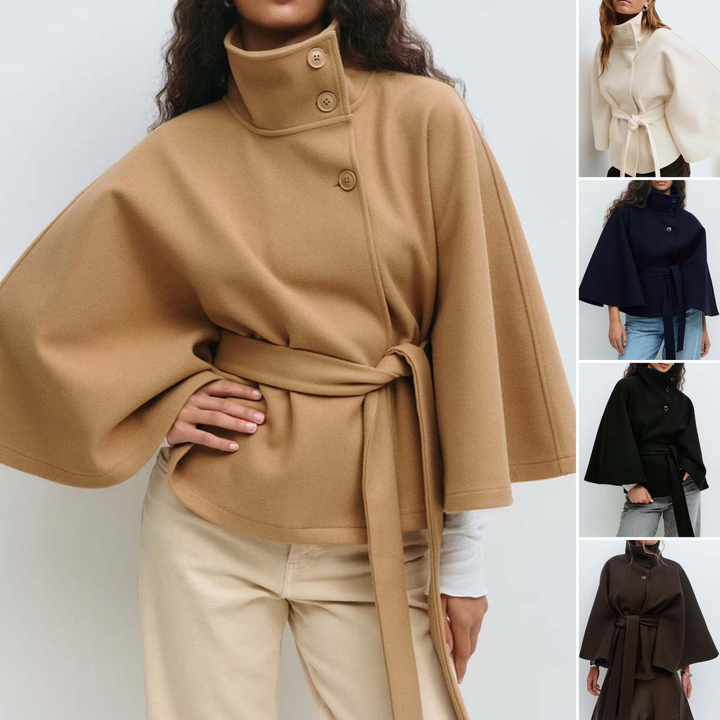 Women's Belted Stand-Collar Cape-Style Coat – product photo