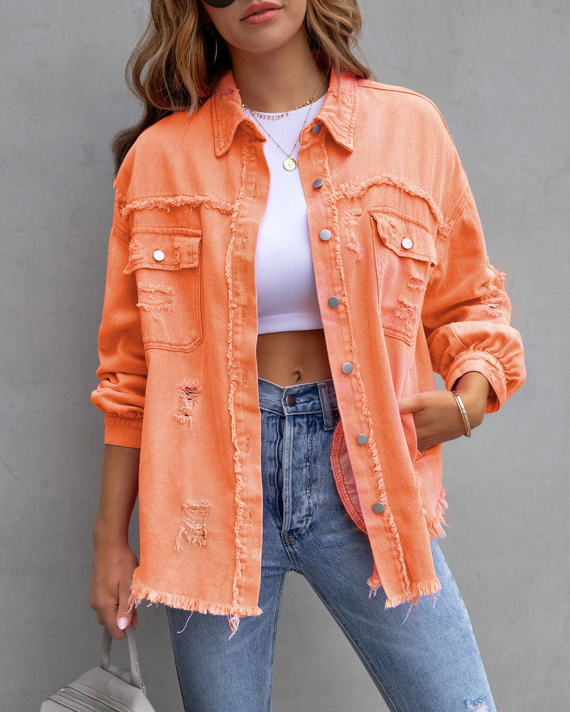 Fashion Ripped Shirt Jacket Female Autumn And Spring Casual  Womens