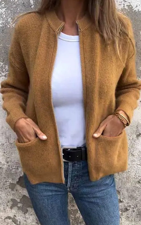 New Solid Color Casual Coat Zipper Sweater Cardigan