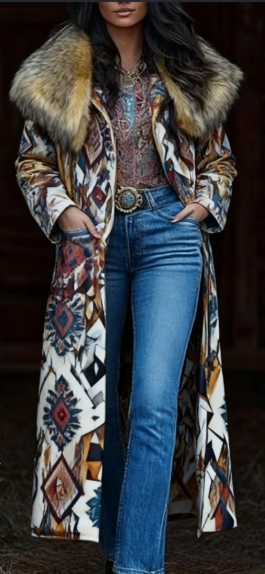 Fashion Retro Women's Coat, Warm Printed Long Coat