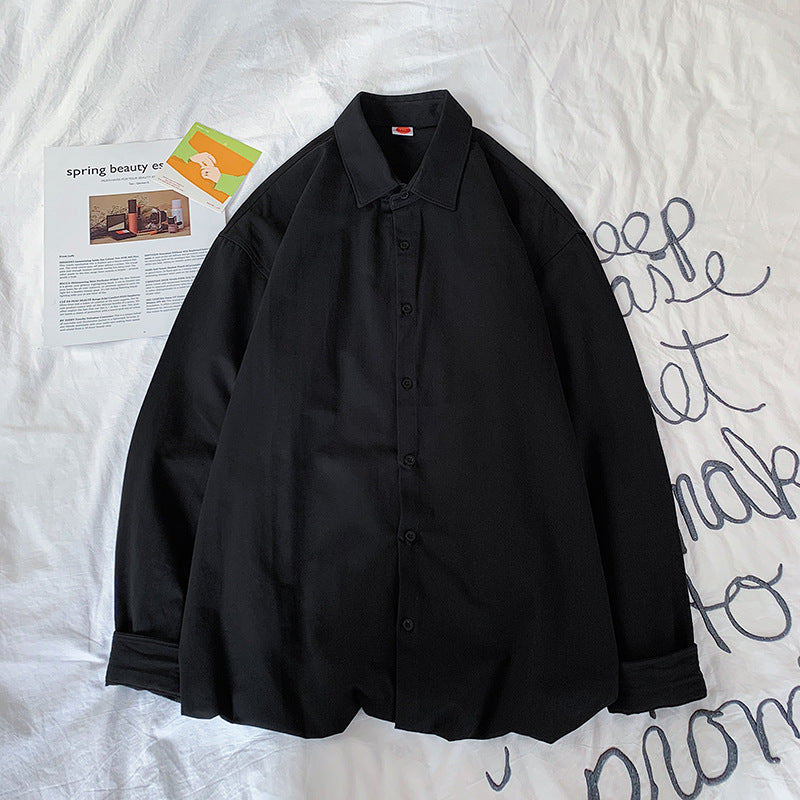Casual Washed Cotton Hong Kong Style Shirt Loose Solid Color Long Sleeves