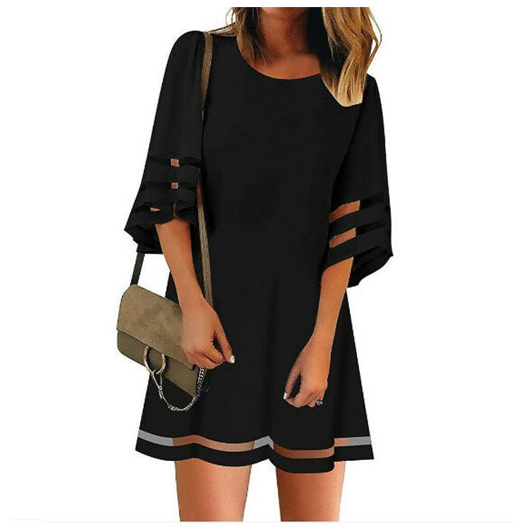 Gauze stitching loose flare sleeve A-line skirt