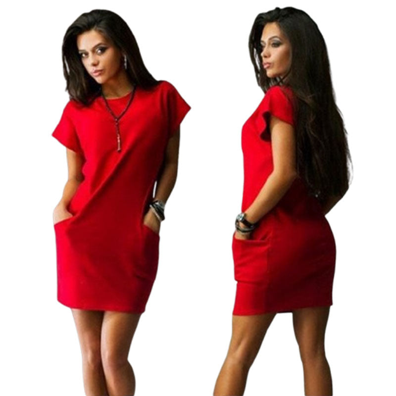 Summer Fashion Women Clothing Casual Short Sleeve O-Neck Black Blue Dresses Slim Pocket Bodycon T Shirt Dress
