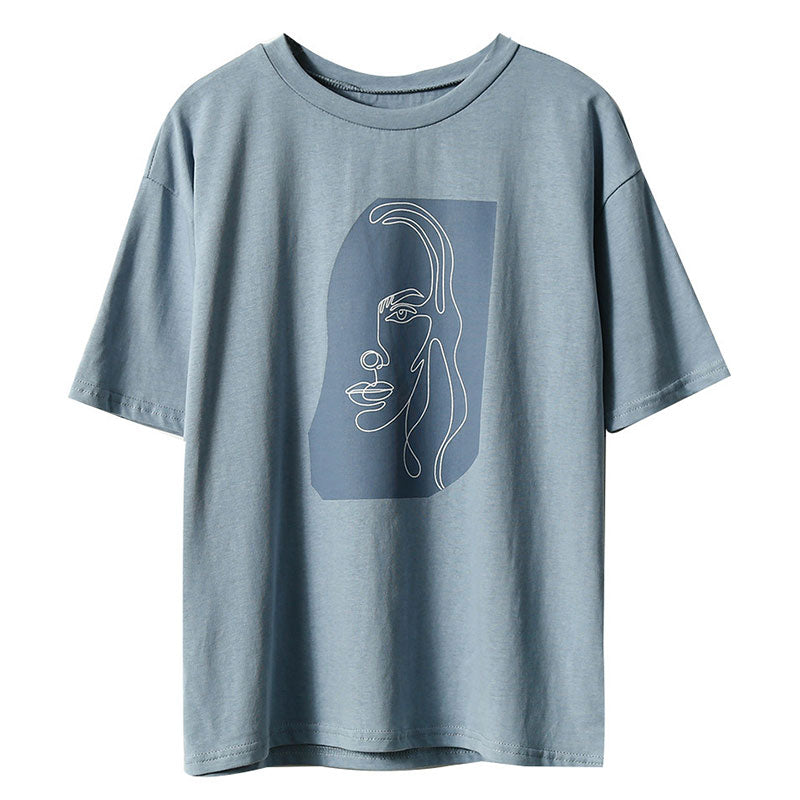 Toppies Abstract T-shirts Character Printing Women Tops Solid Color Summer white Cotton Tops Tees harajuku clothing