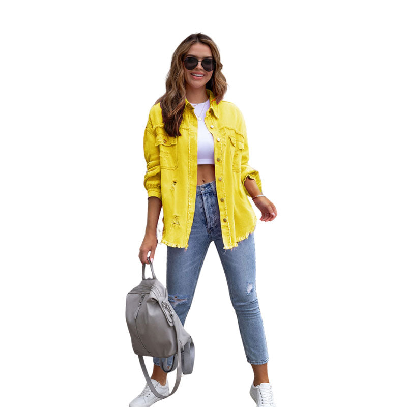 Fashion Ripped Shirt Jacket Female Autumn And Spring Casual  Womens