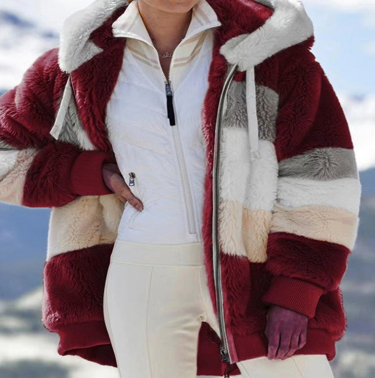 Women's Plush Patchwork Hooded Outerwear - Coalboyz product image 7
