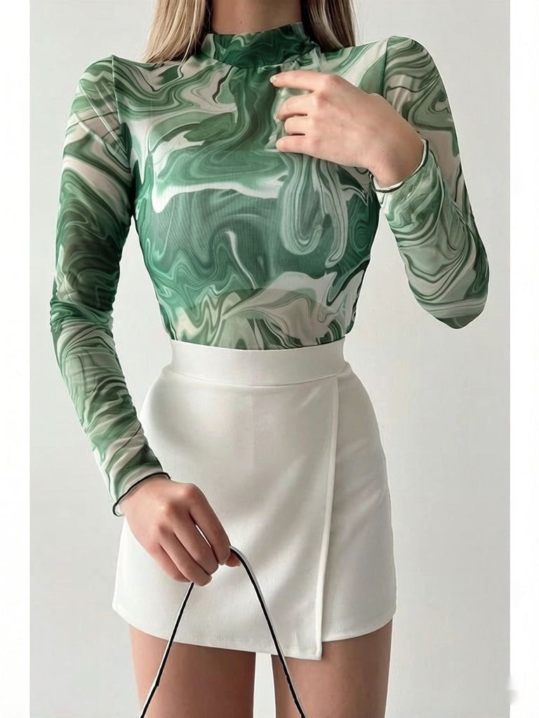 Fashionable Printed Mock Neck Long-Sleeve Slim-Fit Sexy Mesh T-Shirt Top