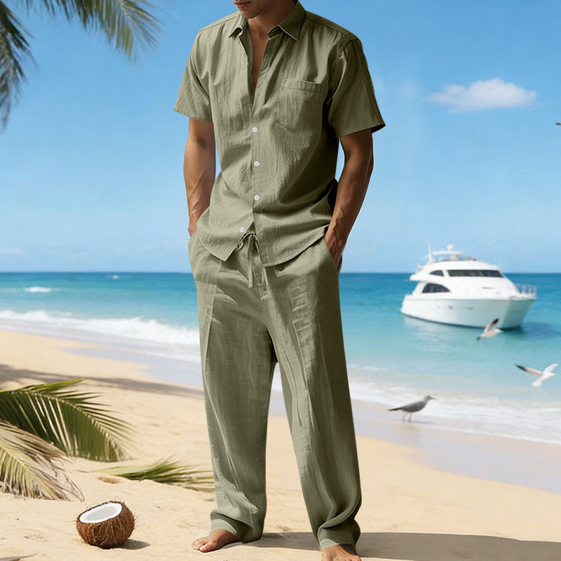Linen Lapel Short-Sleeve Shirt And Casual Trousers Two-Piece Set For Men