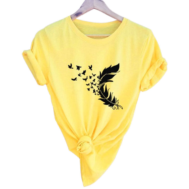 Summer Plus Size Women Clothing New Feather Print T-Shirt