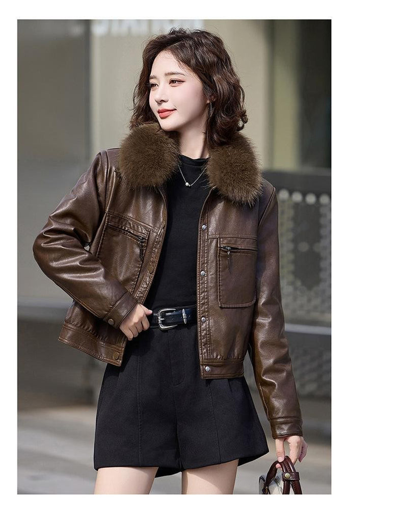 Fleece-lined Thickened Western Style Fashion Short Lapel PU Women's Coat