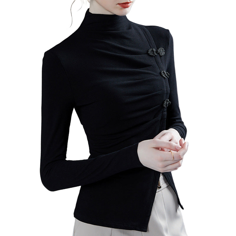 Autumn New Retro Frog Long Sleeve Small Shirt Temperament Split Pleated Inner Wear Outer Wear Women's Top