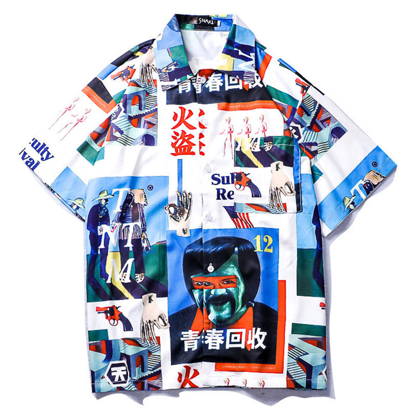 summer tide brand casual printing couple short-sleeved flower shirt loose Hawaiian shirt men and women beach clothing tide