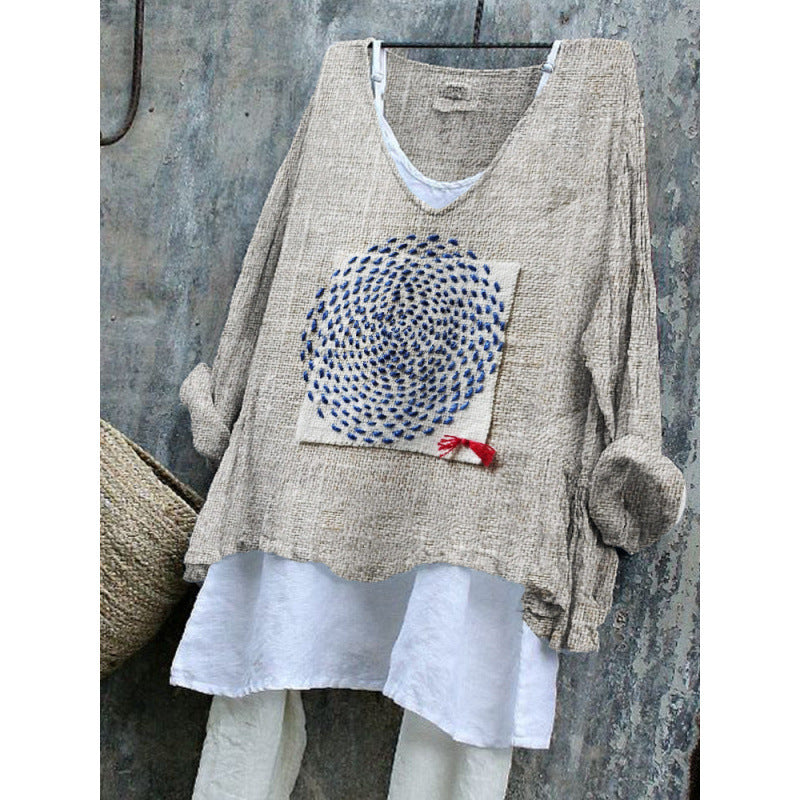 Women's Long-Sleeve Printed Casual Loose Crew-Neck Top
