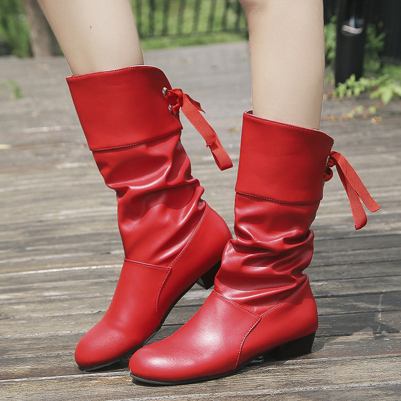 Women's PU Mid-Calf Lace-Back Chunky Boots – product photo