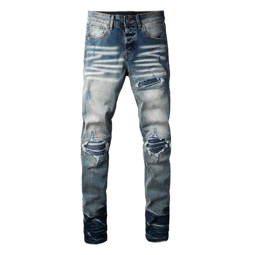 Mens Slim-Fit Denim Jeans With Ripped Patches
