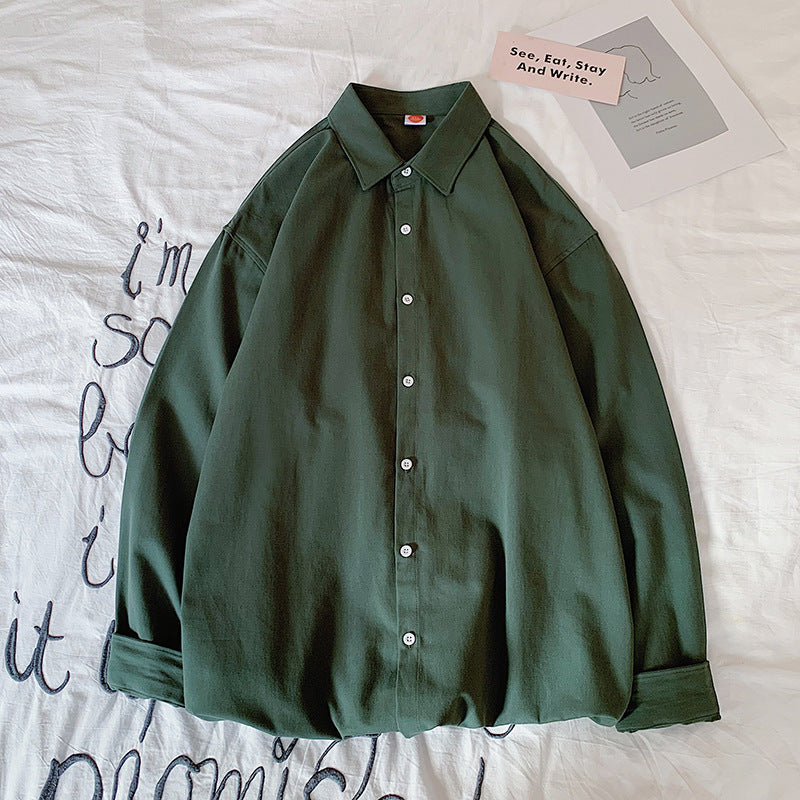 Casual Washed Cotton Hong Kong Style Shirt Loose Solid Color Long Sleeves
