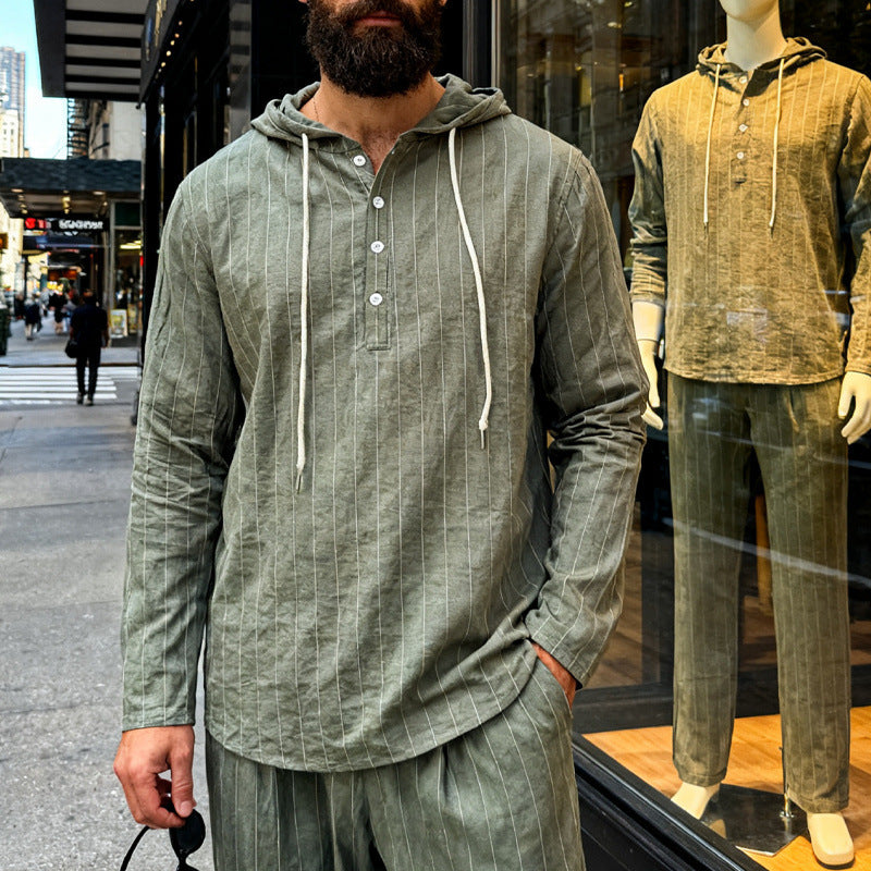 Mens Loose-Fit Casual Long-Sleeve Hooded Shirt