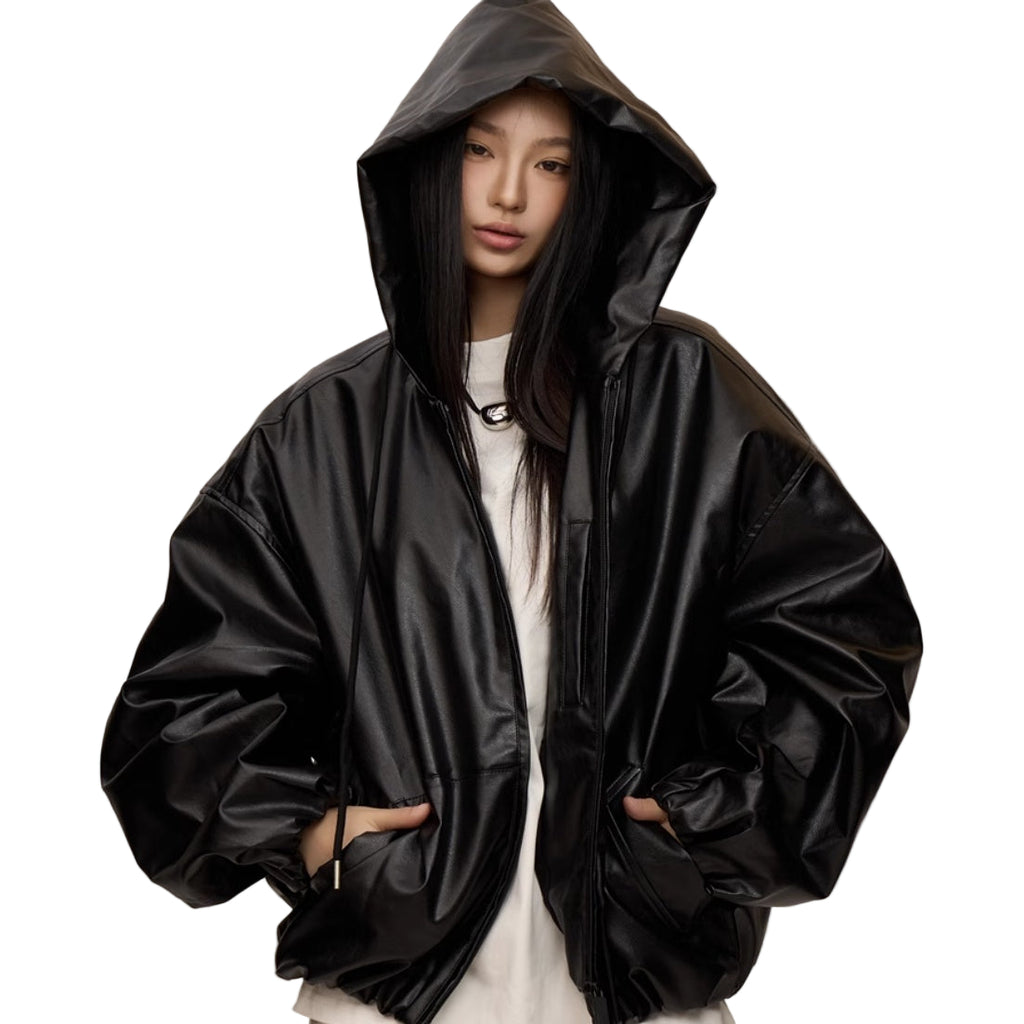Women's Black Hooded Leather Coat