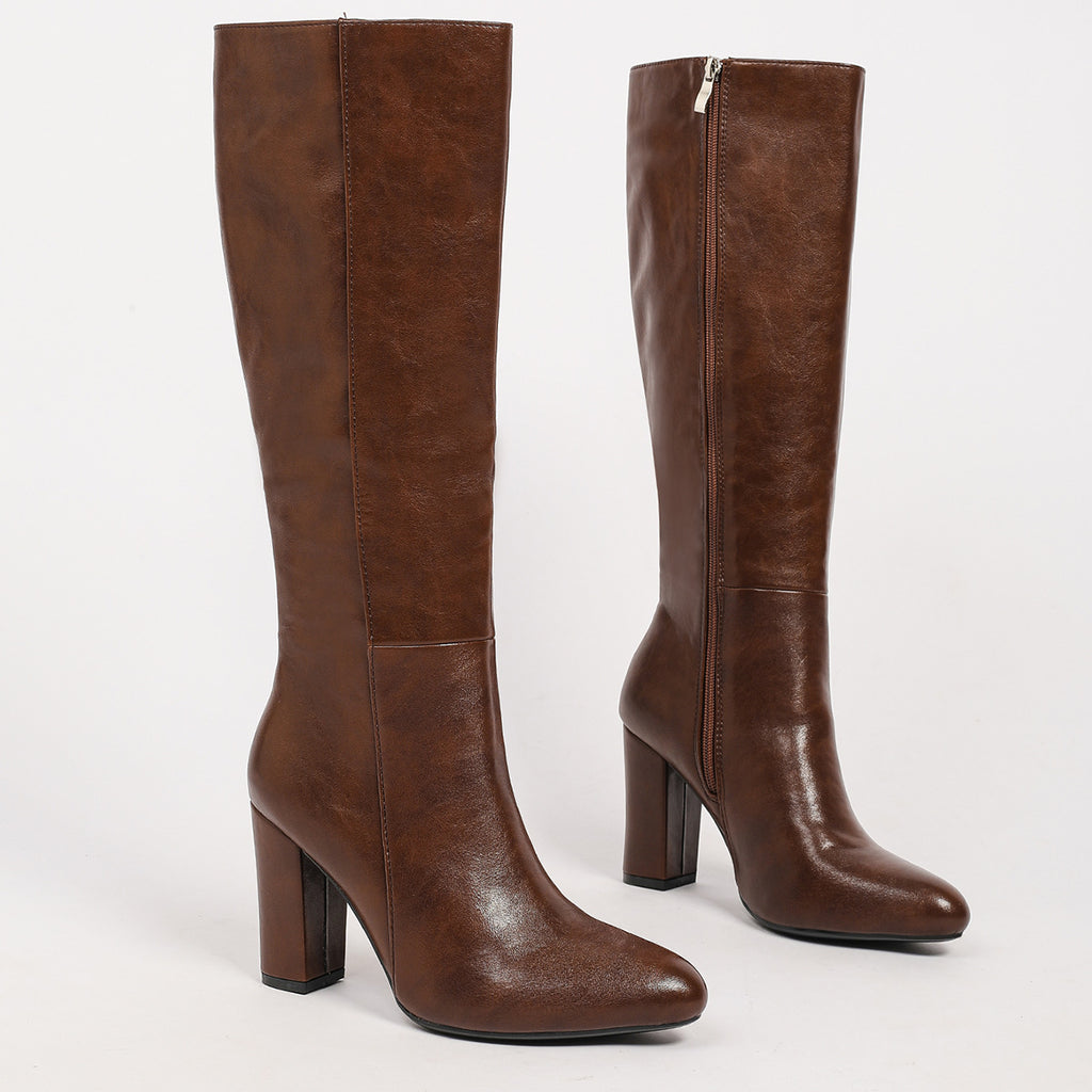 Women's Brown Knee-High Chunky-Heel Boots - Coalboyz product image 2