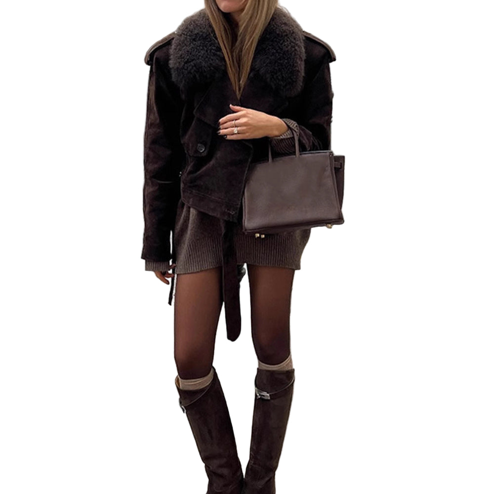 Lapel Suede Long Sleeve Loose And Warm Comfortable Motorcycle Jacket