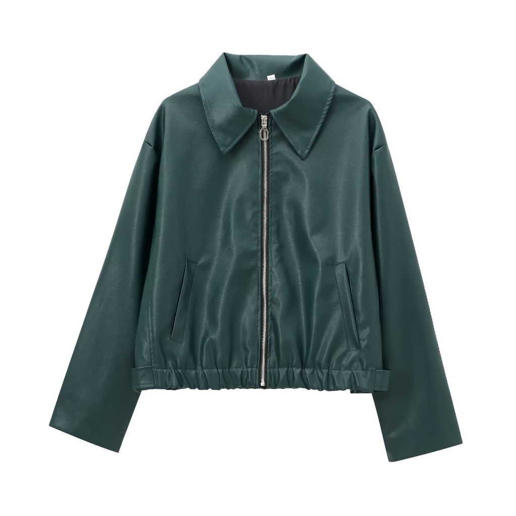 Women's Lapel Long Sleeve Leather Coat