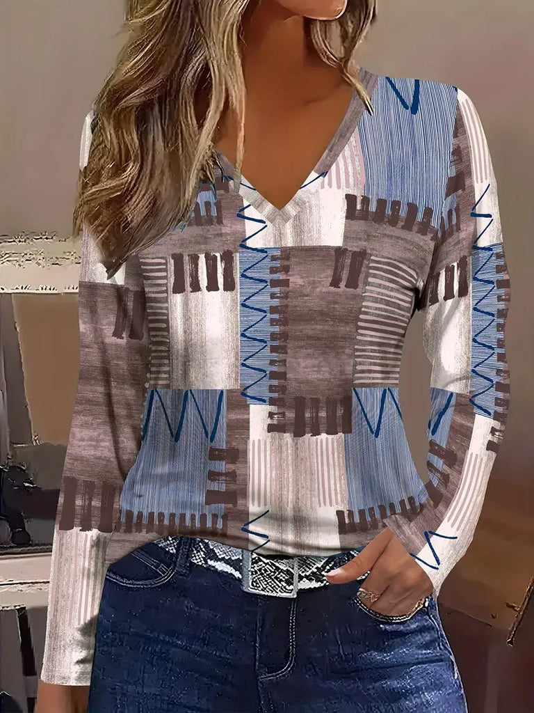 New Stylish Casual Geometric V-Neck Long-Sleeve T-Shirt