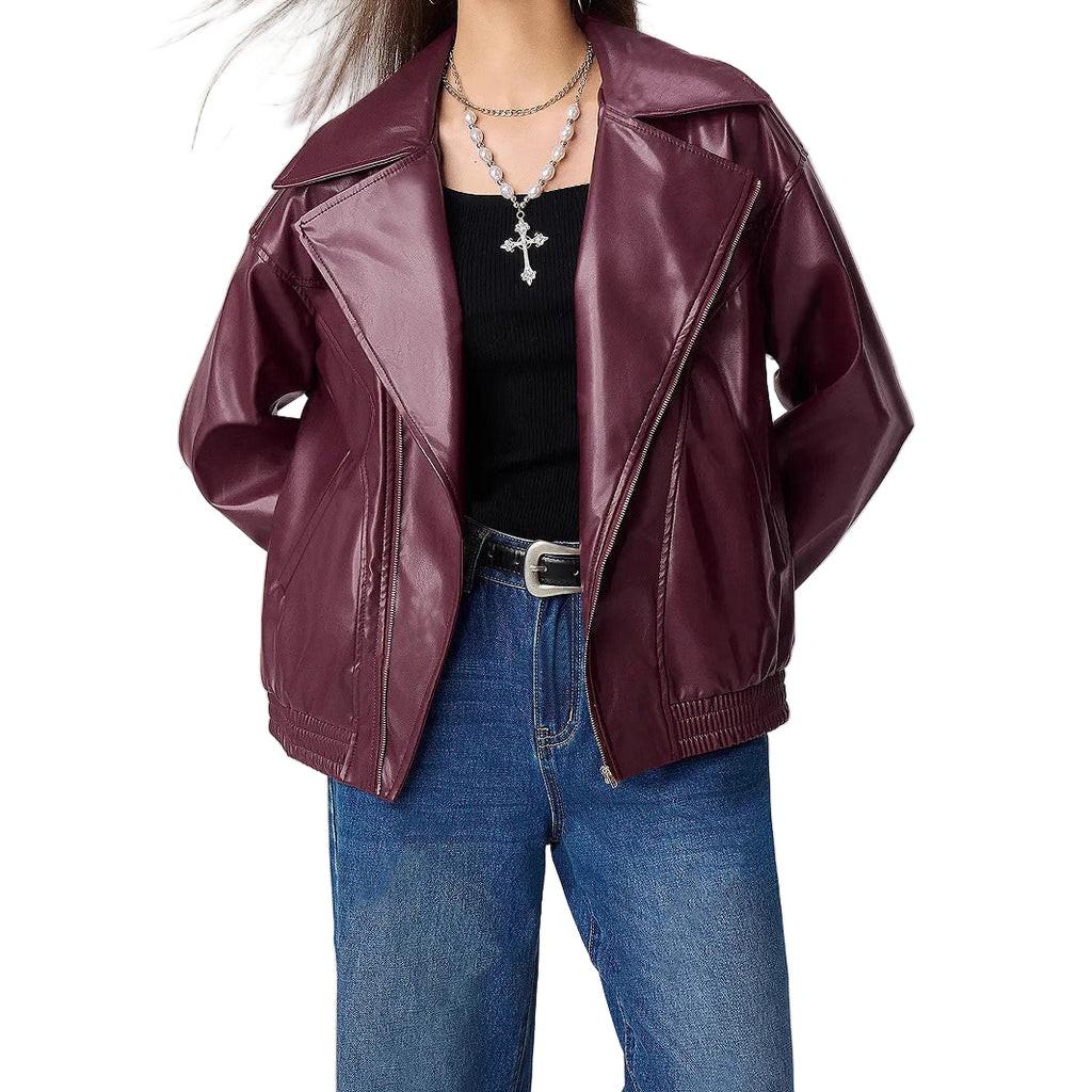 Loose-fitting Long Sleeves Leather Jacket Coat