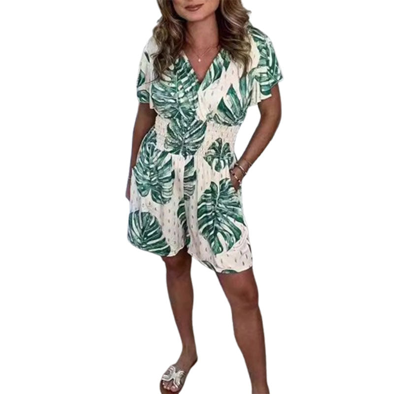 Leaf Print Shorts Jumpsuit Summer Beach Short-sleeved Bodysuit For Women Clothing