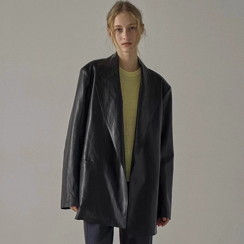 Women's Loose Mid-length Niche Suit Leather Coat