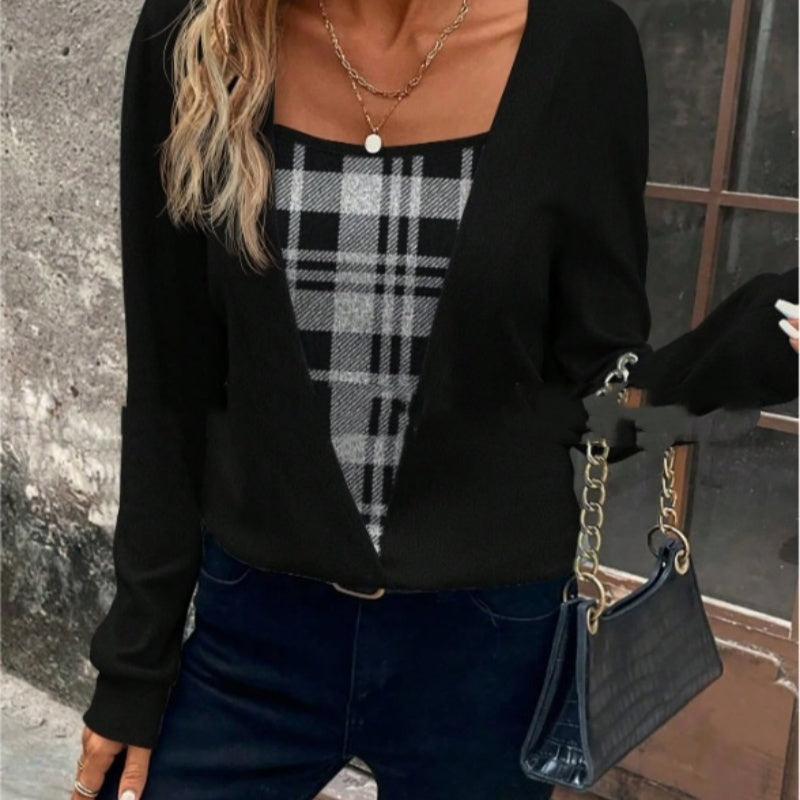 Plaid Printed Fake Two Pieces Fashionable And Comfortable Autumn And Winter Long Sleeves
