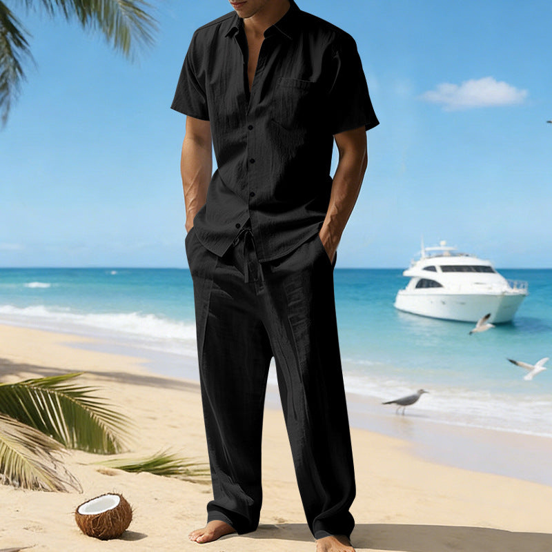 Linen Lapel Short-Sleeve Shirt And Casual Trousers Two-Piece Set For Men